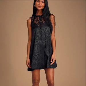 LULU'S BLACK EMBOSSED SATIN SWING DRESS NWT